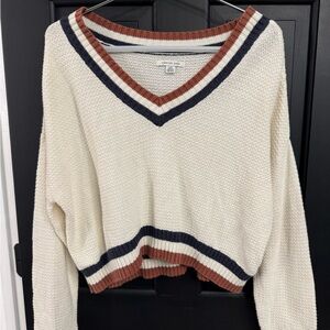 American Eagle Outfitters Cream V-Neck Sweater with Brown and Black Trim